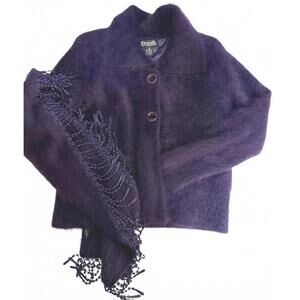 VANESHA High Quality Angora Purple Short lined Coat, matching beaded scarf SZ M